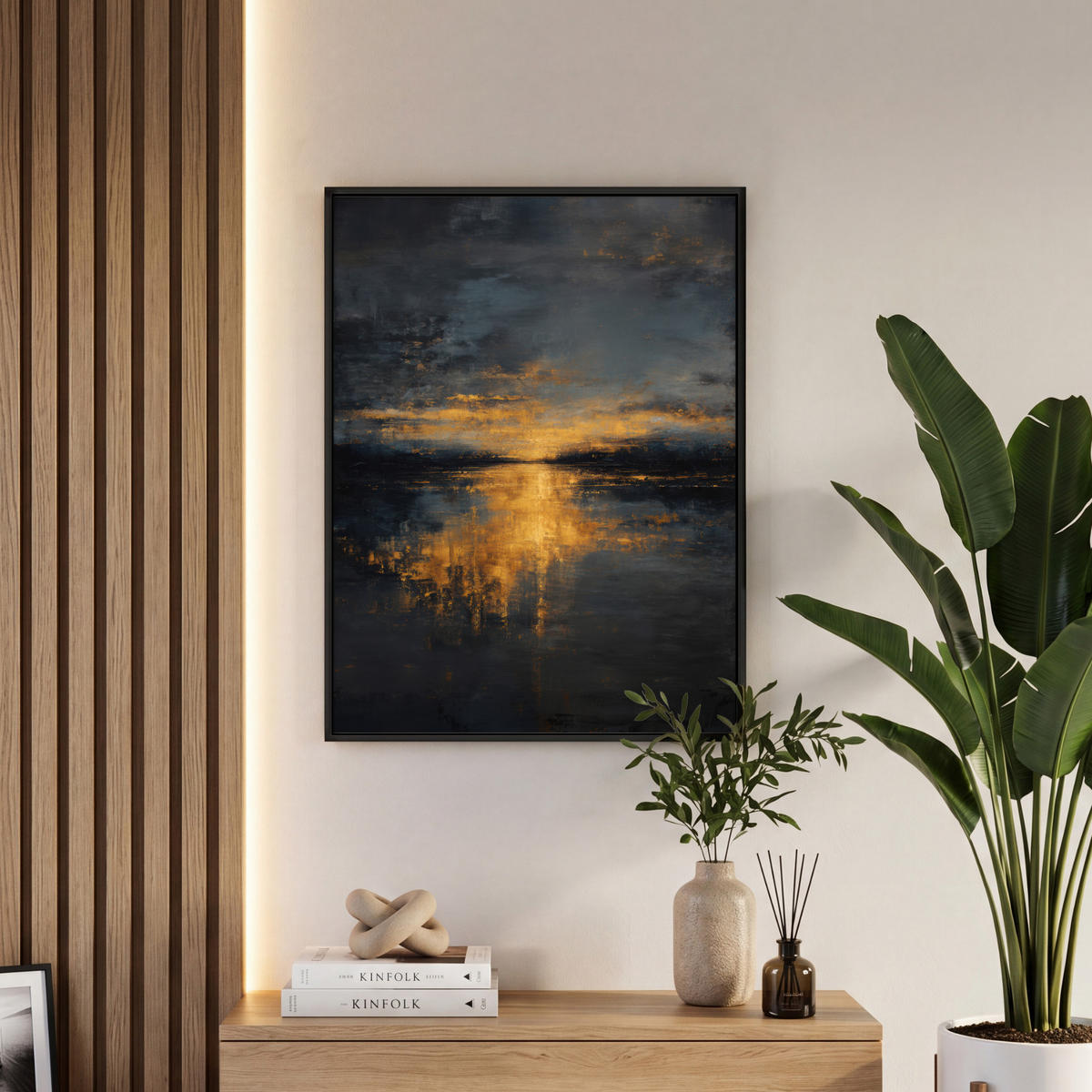 LEINWAND Bilder mit Rahmen - Goldene Reflexion auf dem Wasser - 50x70 - Anthrazit, Textil (50/70cm) - MuchoWow