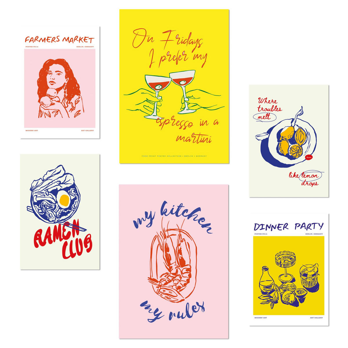 POSTER Set Mit 6 Von Lebensmitteln & Wein Im Pop Art A3 & A4 Rahmenlos - Klar, Papier (29/3cm) - Nacnic