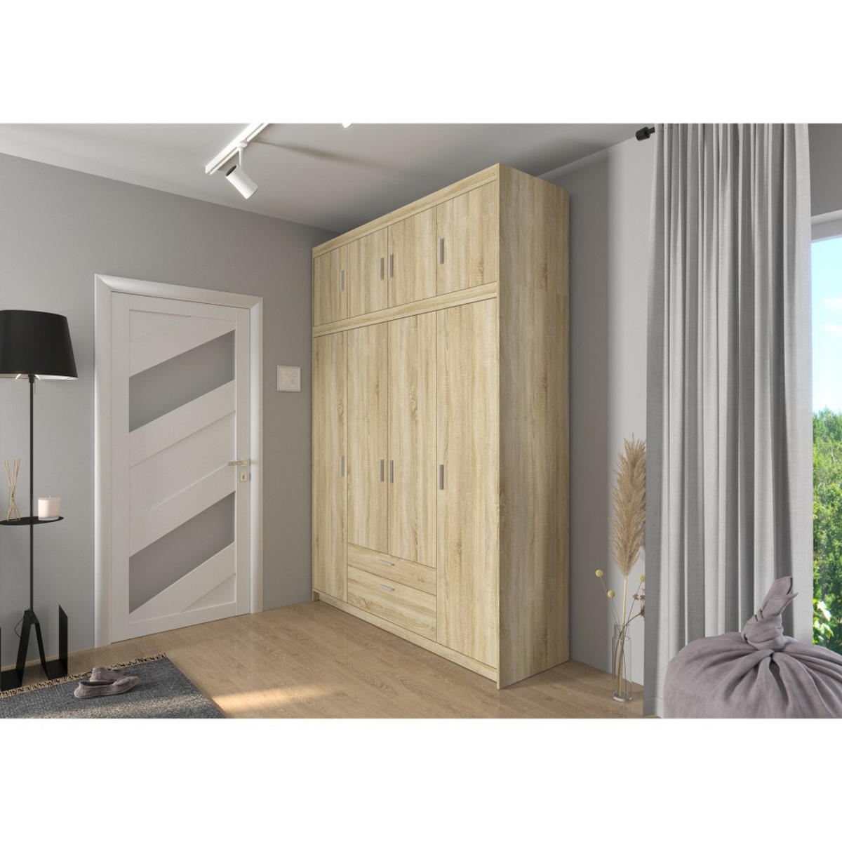 DREHTÜRENSCHRANK Elena mit 4 Türen und 2 Schubladen, mit Aufsatz Sonoma Eiche - Sonoma Eiche, Holzwerkstoff (176/245/53cm) - Beautysofa