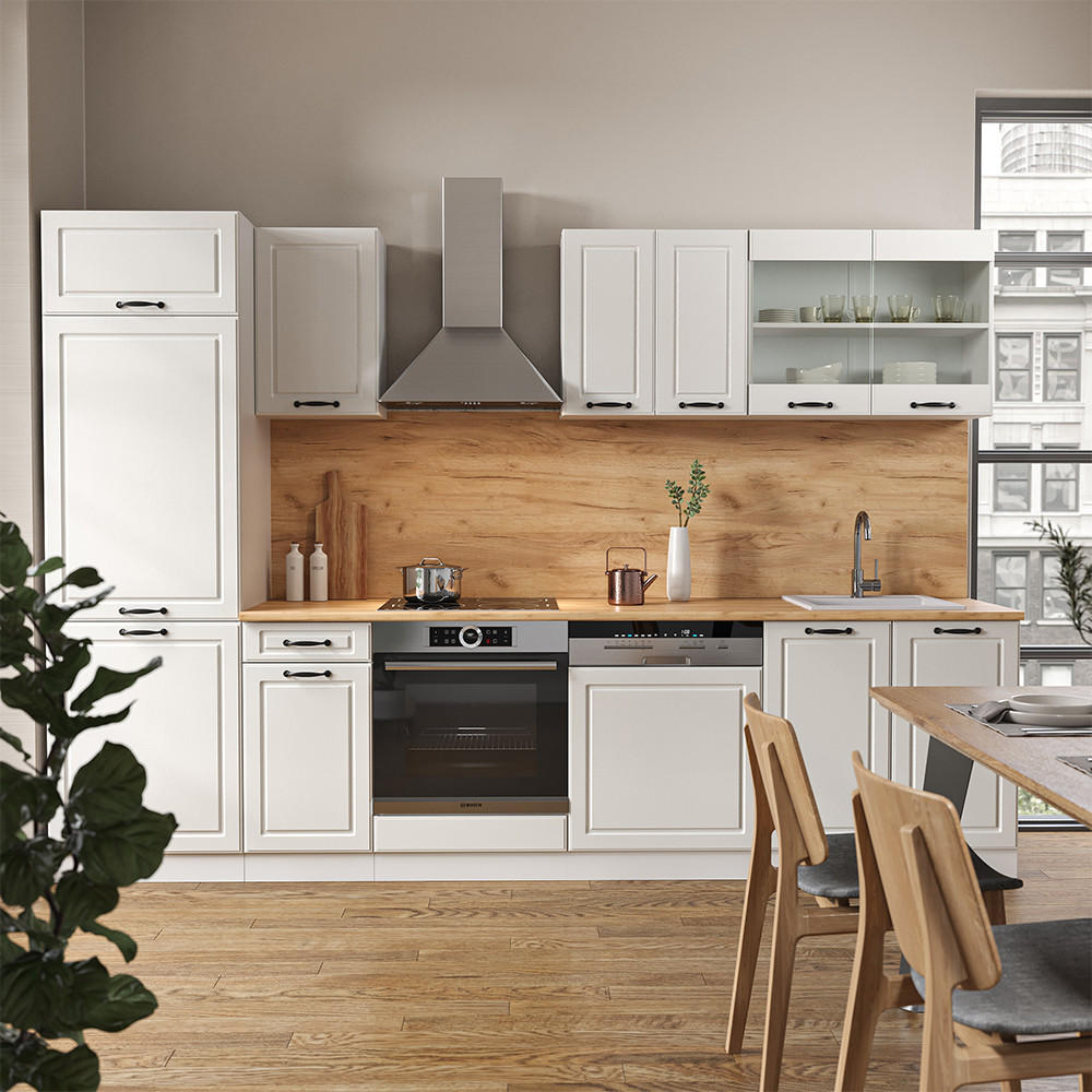 KÜCHENZEILE R-Line Weiß Landhaus/Weiß 300 cm ohne AP - Creme/Weiß, Holzwerkstoff (300/81.6/46cm) - Vicco