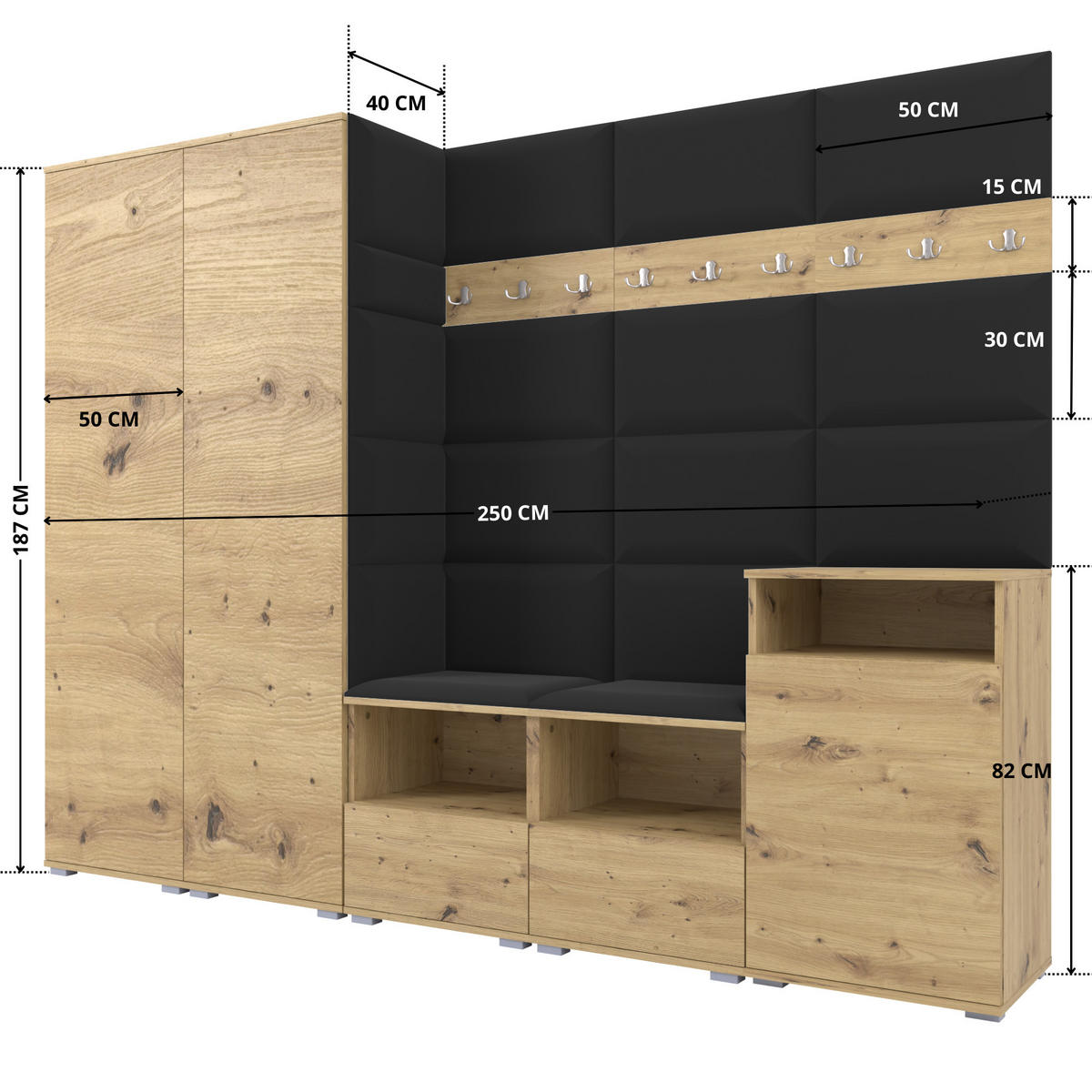 GARDEROBE NELA VIII 250 cm (Modulare Flurmöbel Artisan Eiche mit Sitzpolster Schwarz 16 2 Schränke + Sideboard) - Silberfarben/Schwarz, Holz/Holzwerkstoff (250/187/40cm) - Ravio
