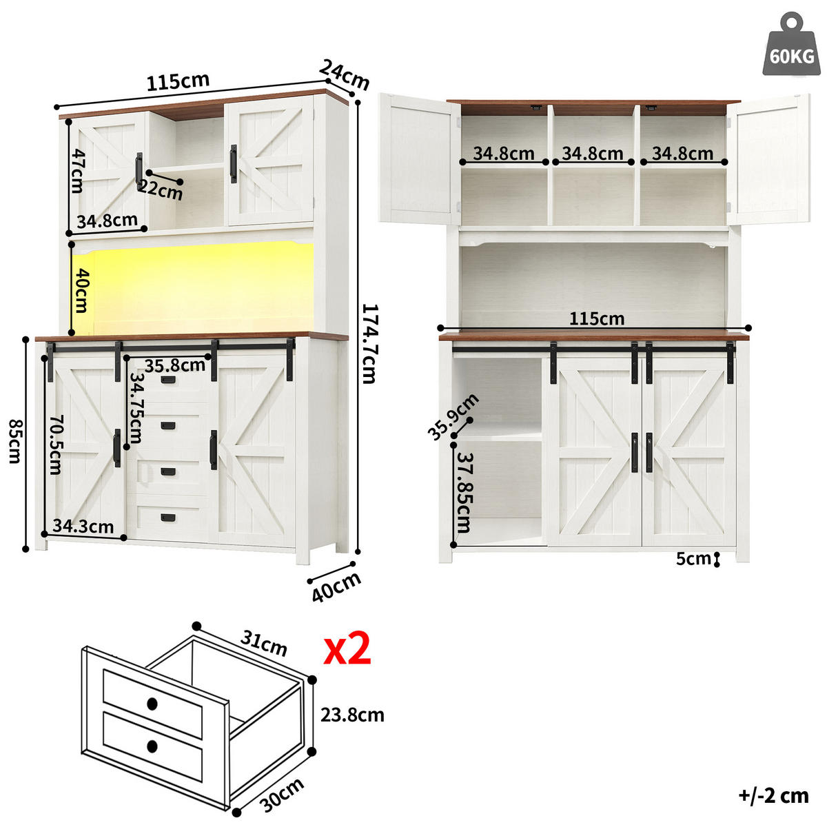 BUFFET 115/40/174,7 cm in Weiß mit LED-Beleuchtung und Schiebetüren - Weiß, Holzwerkstoff (115/174.7/40cm) - Flora Grace