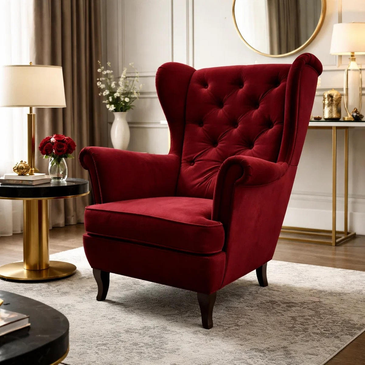 CHESTERFIELD-SESSEL Falco bordeaux mit Holzbeinen - Wengefarben/Bordeaux, Holz/Textil (82/102/92cm) - Beautysofa