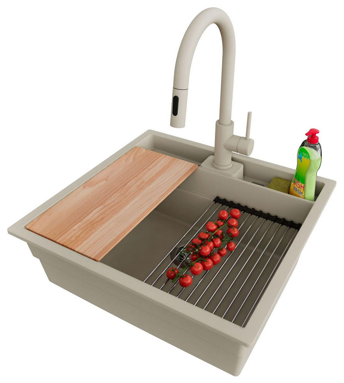 UNTERBAUSPÜLE GRANIT Bergen Pocket, 2-er set Beige 56/54 cm 1 Becken + Küchenarmatur 40/20 cm + Ablauf-Set + Küchenzubehörset ab 60er Unterschrank - Chromfarben/Beige, Kunststoff (56/20/54cm) - Primagran