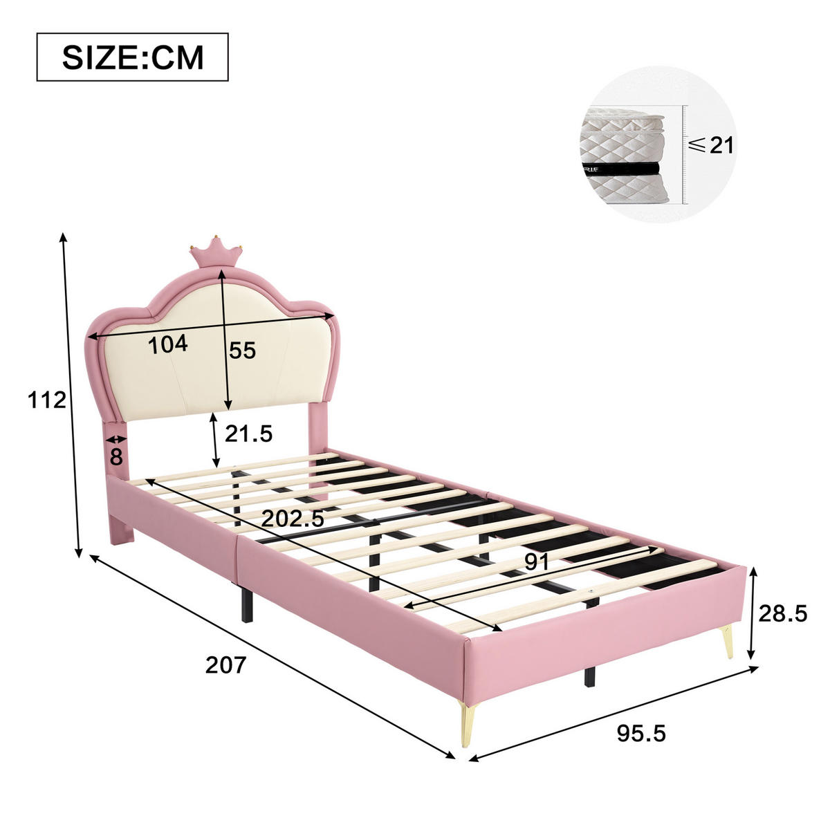 POLSTERBETT 90/200 cm Rosa/Weiß mit Krone ohne Matratze - Rosa, Textil (90/200cm) - MIVRAY