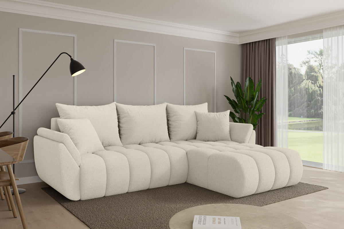 ROHOVÁ SEDAČKA s funkcí spaní, otoman vpravo TOKO-L-v1 277x194x86 béžová bouclé - černá/písková barva, kompozitní dřevo/textil (277/194cm) - ALTDECOR