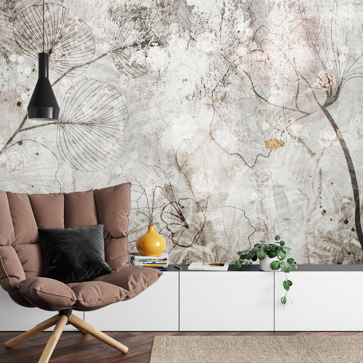 FOTOTAPETE für Wohnzimmer Vintage Blätter Blumen Beton Abstrakt 450x315 - Gelb/Orange, Papier (450/315cm) - Muralo