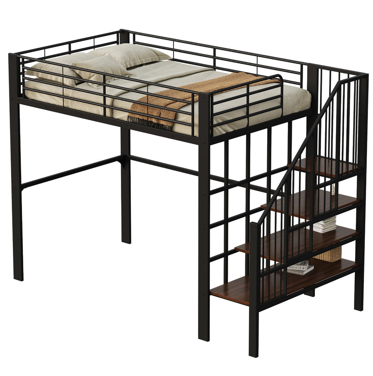 HOCHBETT 140/200 cm Schwarz Metall mit Stauraum und Treppe - Schwarz, Metall (140/200cm) - OKWISH