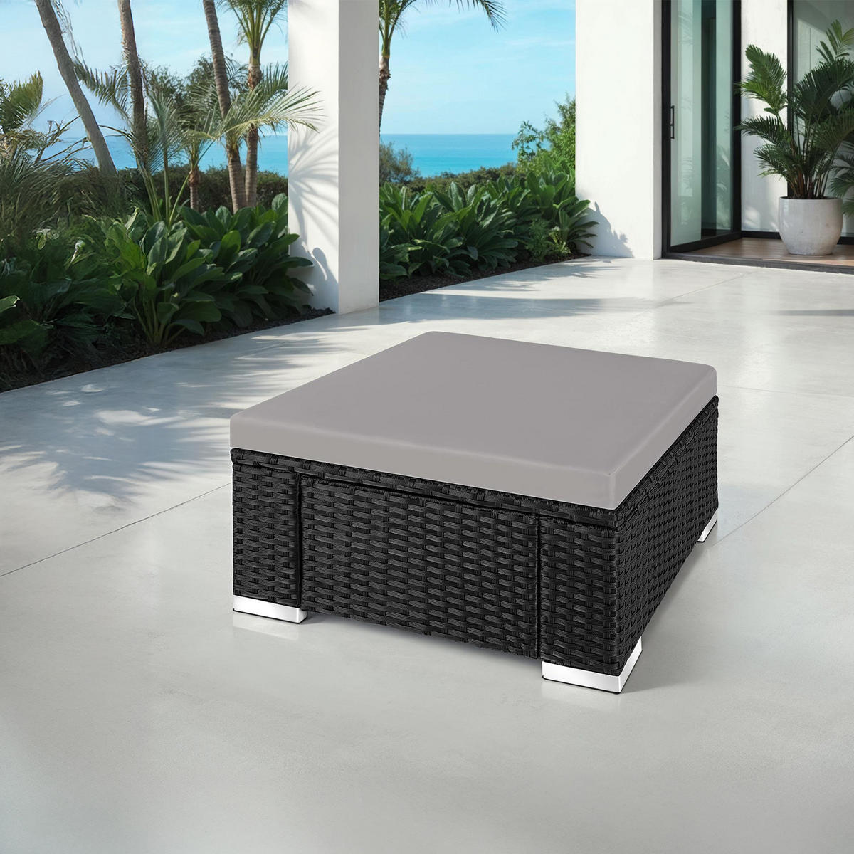 RATTAN-SITZHOCKER Bitonto,53 x 53 x 26 cm,schwarz/grau - Schwarz/Grau, Kunststoff (53/26/53cm) - tectake