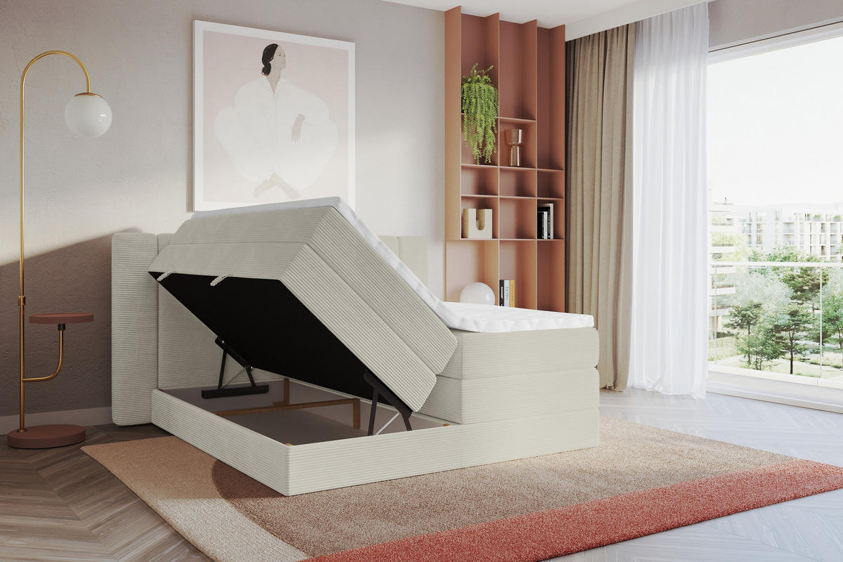 BOXSPRINGBETT mit Matratze H3/H4 - EVON KING - 140x200 cm Creme - Creme, Holzwerkstoff (140/200cm) - ALTDECOR