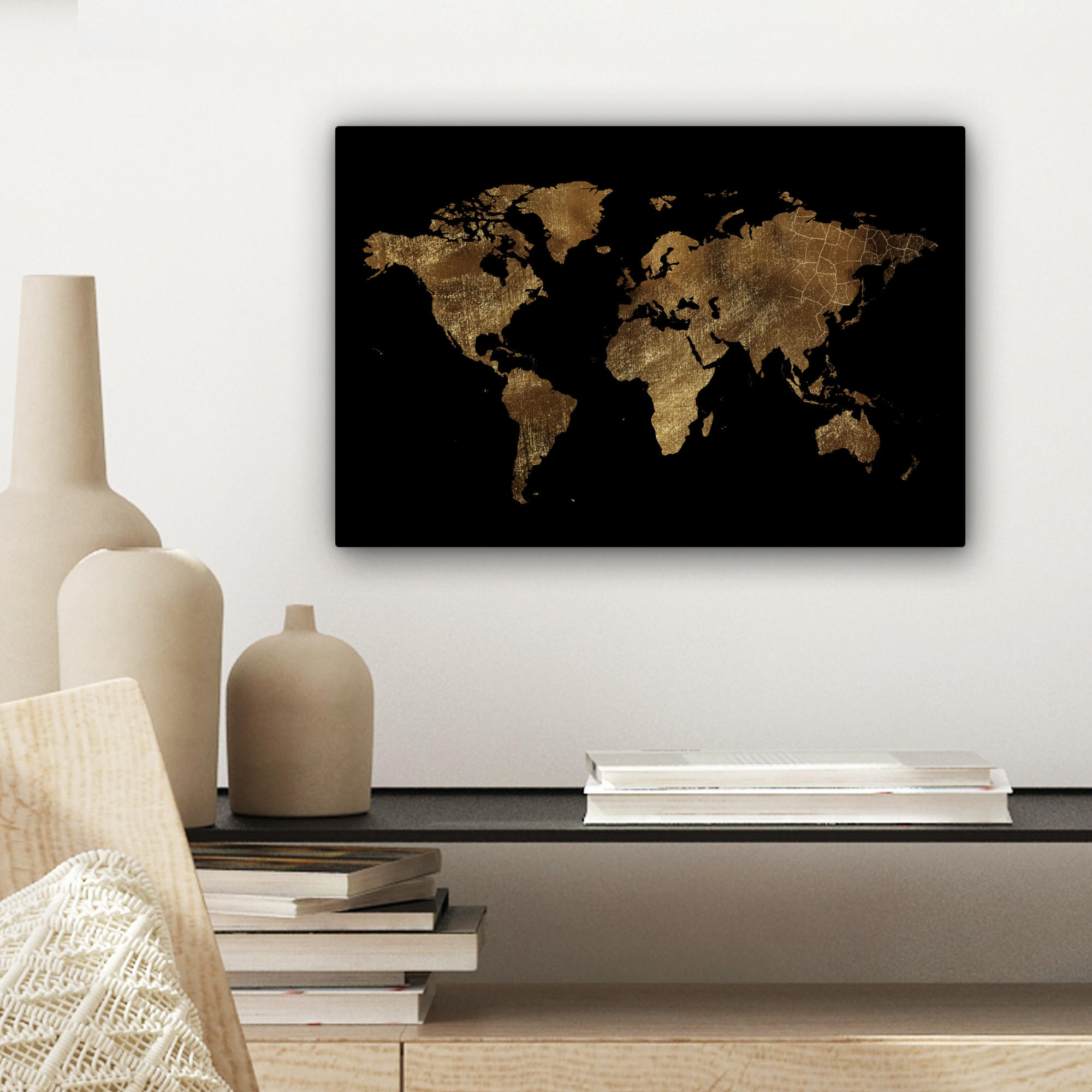 LEINWANDBILD Weltkarte - Gold - Luxus - Erde - Schwarz 30x20 cm - Goldfarben, Textil (30/20cm) - MuchoWow