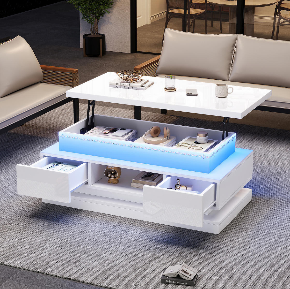 COUCHTISCH 100/50/40 cm in Weiß, höhenverstellbar mit LED-Beleuchtung - Weiß, Holzwerkstoff (100/50/40cm) - Flora Grace