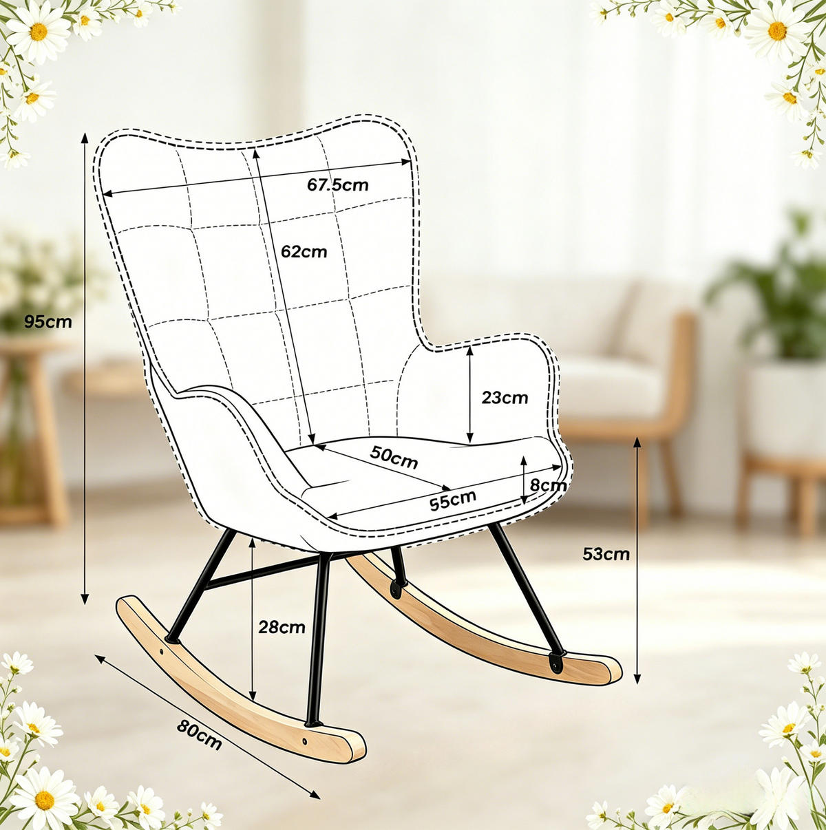 SCHAUKELSTUHL 80/67,5/95 cm beige aus Samt mit Massivholz und Metall, hoher Rückenlehne - Beige, Metall (65/95/67.5cm) - OKWISH
