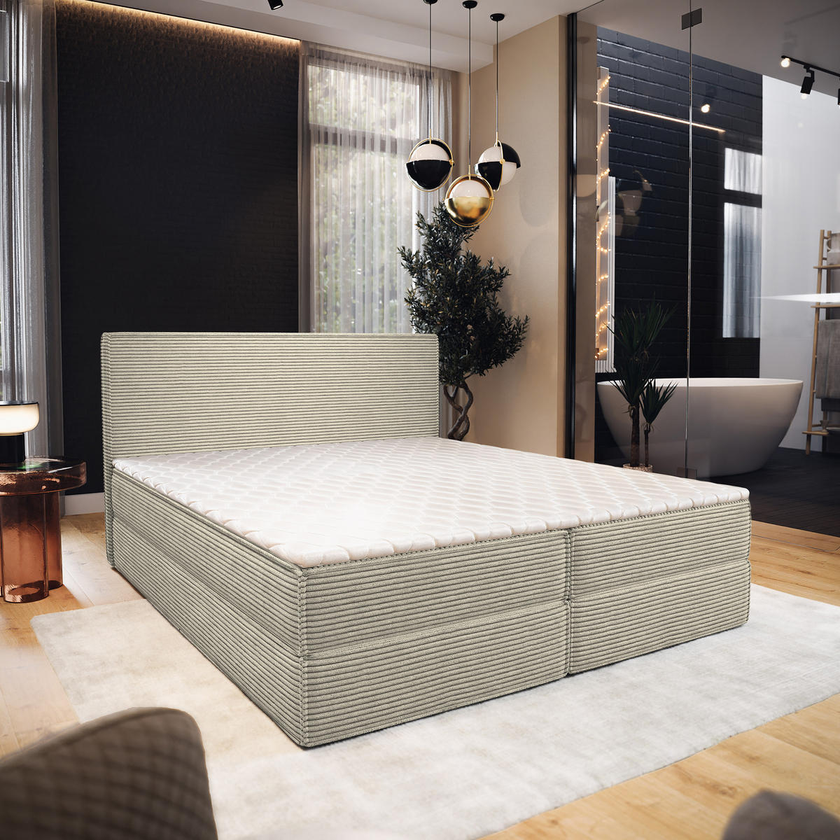 BOXBETT PELLIO 160x200 cm mit Matratze und Topper - Creme - Creme, Holz (160/200cm) - MASSENO