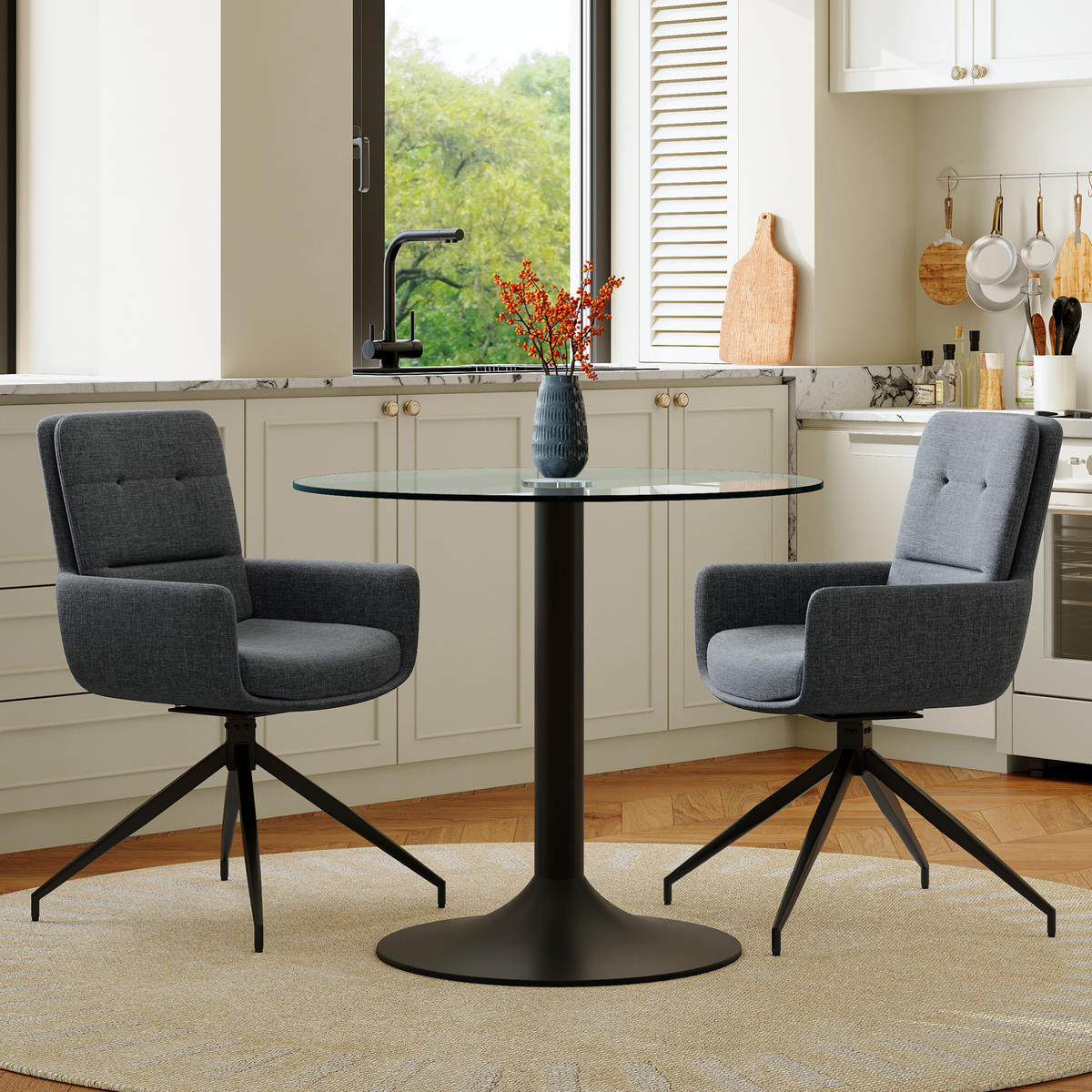 ESSZIMMER-SET 3-tlg. mit Glastisch 85 cm Schwarz/Dunkelgrau - Schwarz, Metall (85/76/85cm) - Meubliv