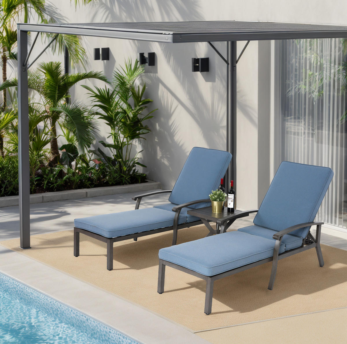 GARTENLIEGE Aluminium mit 5-fach verstellbarer Rückenlehne, Kissen 204/58/100 cm Blau - Blau, Metall (68/100/204cm) - Redom