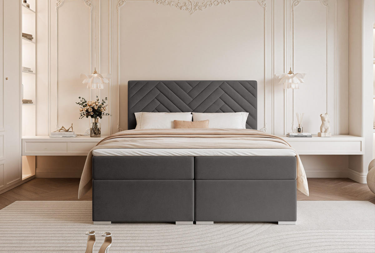 BOXBETT NEREA 160/200 cm mit Matratze und Topper, Grau - Grau, Textil (160/200cm) - Idohome