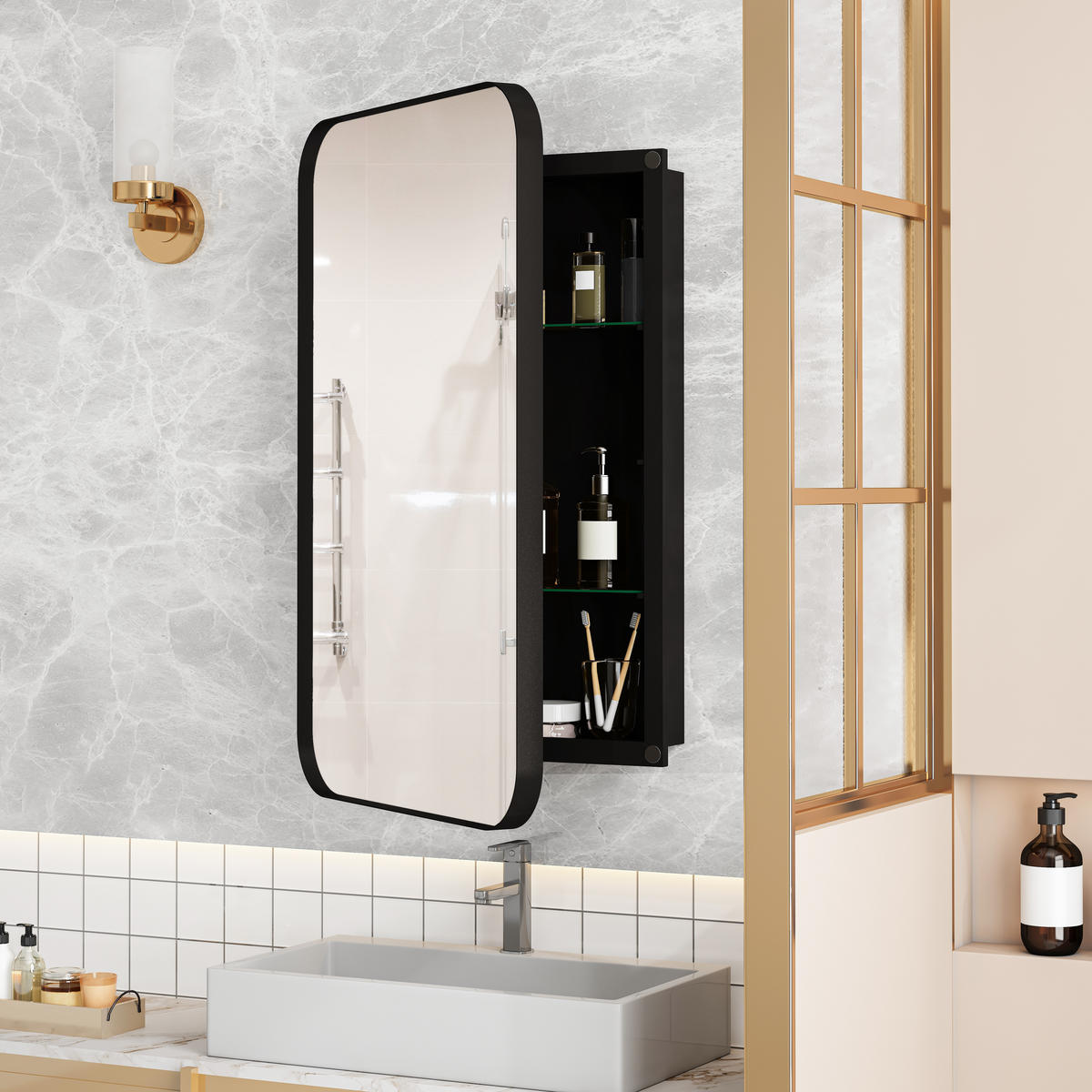 SPIEGELSCHRANK 76x51x12cm schwarz mit Aufbewahrung - Wandspiegel für Badezimmer - Schwarz, Glas (76/12/51cm) - Modfu