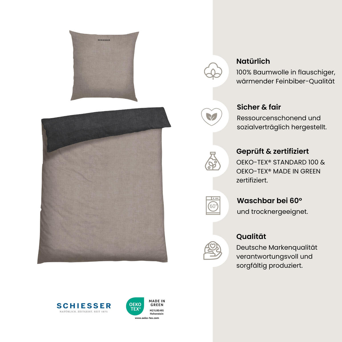 BETTWÄSCHESET Doubleface - Feinbiber - 2-teilig - 155 x 220 cm - Taupe-Schwarz - Schwarz, Textil (155/220cm) - SCHIESSER