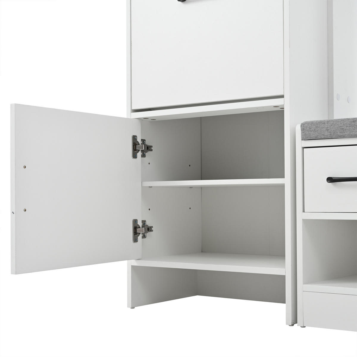 KLEIDERSCHRANK in Weiß Garderobenständer mit Schuhbank, 7 Haken, Lochwand und 2 Schubladen für Flur, B110/T35/H175,5 cm - Weiß, Holzwerkstoff (110/175.5/35cm) - STILVORA
