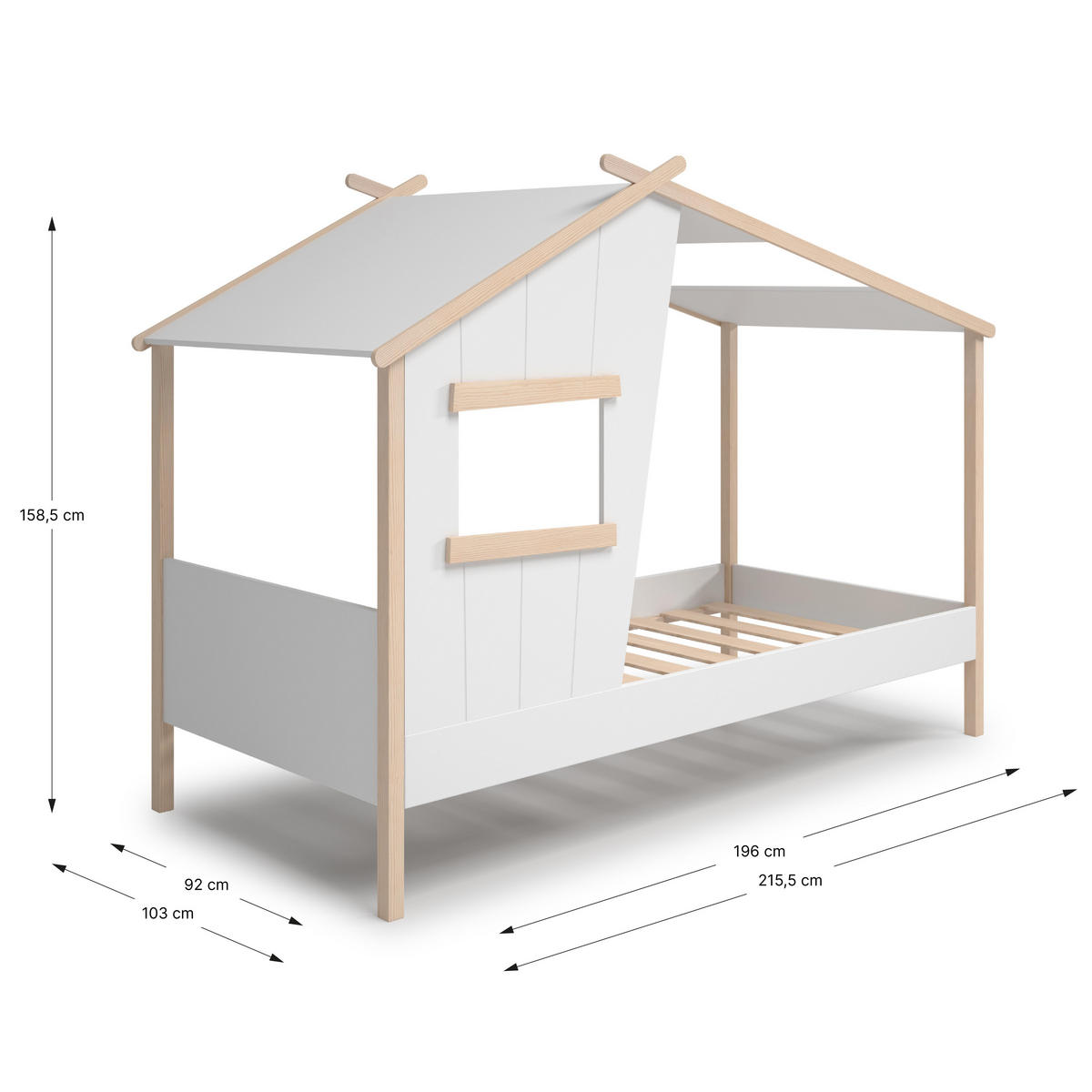 HÜTTENBETT mit schrägem Dach und verspieltem Fenster 90x190 cm 103/215,4/158.5 cm - Weiß, Holz (190/90cm) - Calicosy