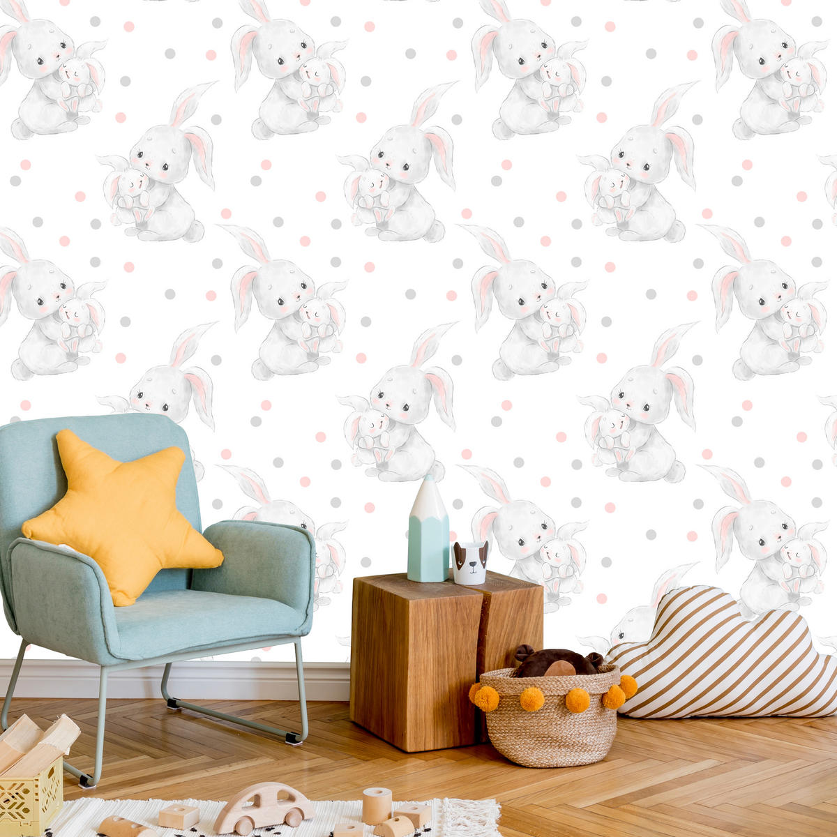 VLIESTAPETE Häschen und Punkte – Rosa, Grau, Weiß – 50x1000 cm - Rosa/Weiß, Papier (50/1000cm) - Muralo