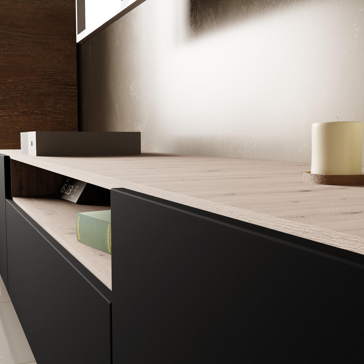 LOWBOARD MIVO 200/41/40 cm, Hängender TV-Schrank Eiche Artisan - Schwarz/Eiche Artisan, Holzwerkstoff (200/41/40cm) - MASSENO