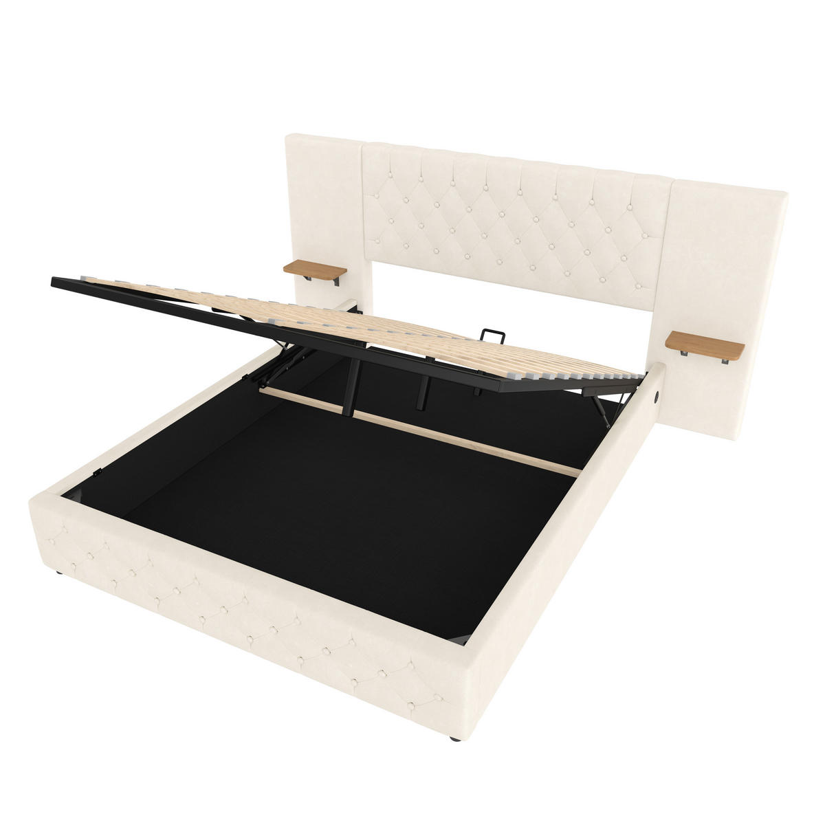 POLSTERBETT 160/200 cm Beige mit breitem Kopfteil LED-Licht USB-Anschluss hydraulischem Hebesystem - Beige, Textil (160/200cm) - OKWISH