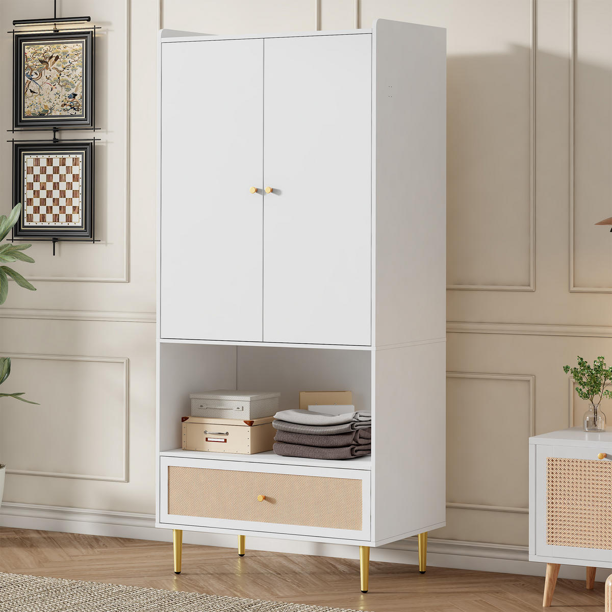 KLEIDERSCHRANK mit Rattan Tür Weiß 80x48x175cm - Multicolor, Holzwerkstoff (48/175/80cm) - FLIEKS