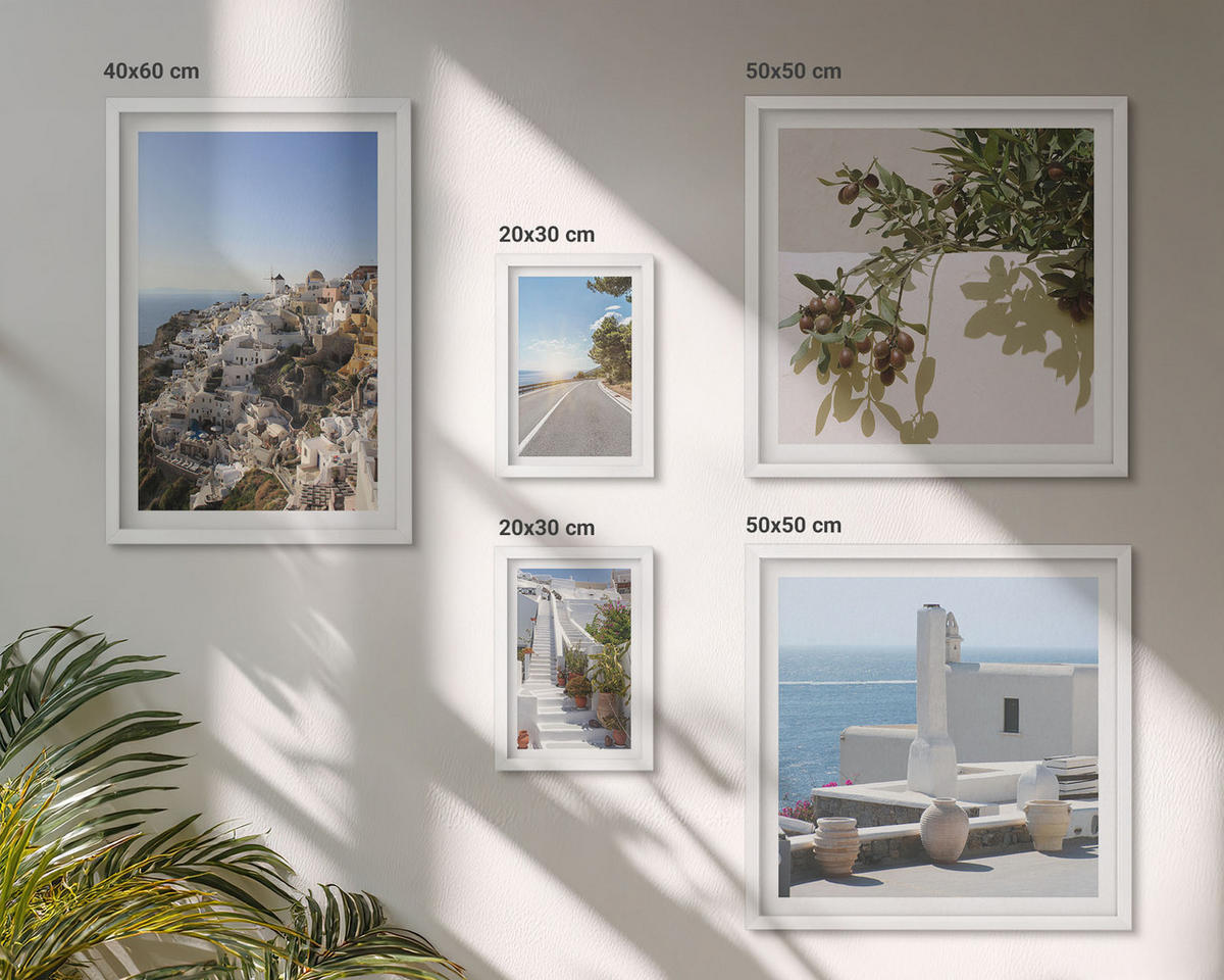 BILDER SET 5er Set - 50x50 cm & 20x30 cm & 40x60 cm Weißer Rahmen - Weiße Treppe mit Blick auf Santorini - Weiß, Kunststoff (40/60cm) - TULUP