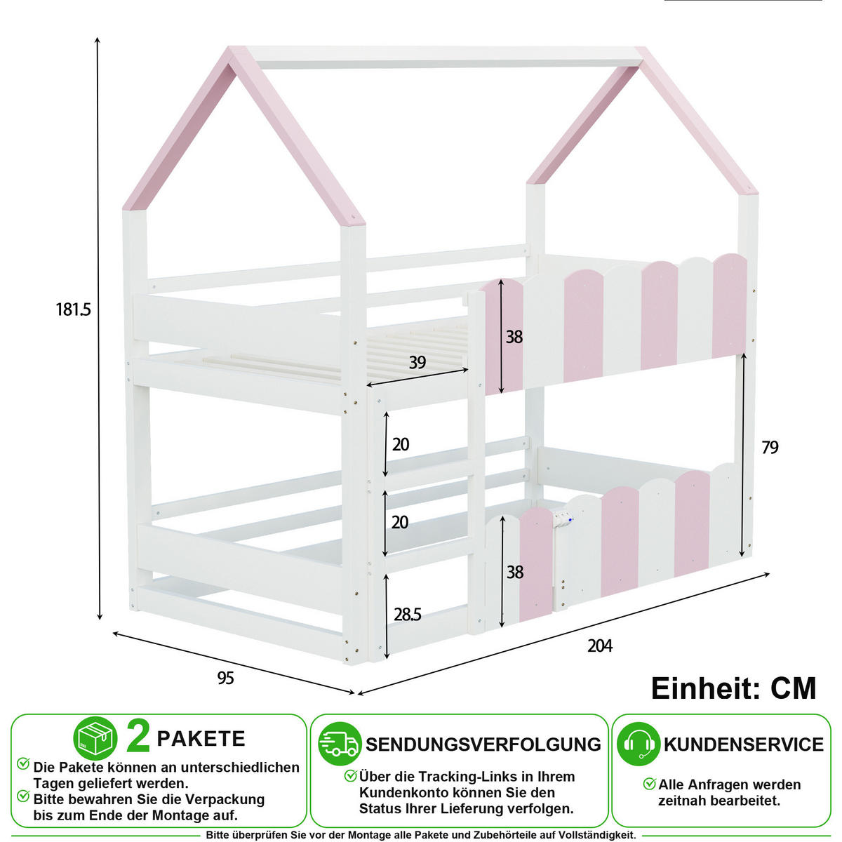 ETAGENBETT 90/200 cm in Pink & Weiß mit Klapptür und Sicherheitsgeländern - Weiß/Rosa, Holz/Holzwerkstoff (90/200cm) - CHICFURN