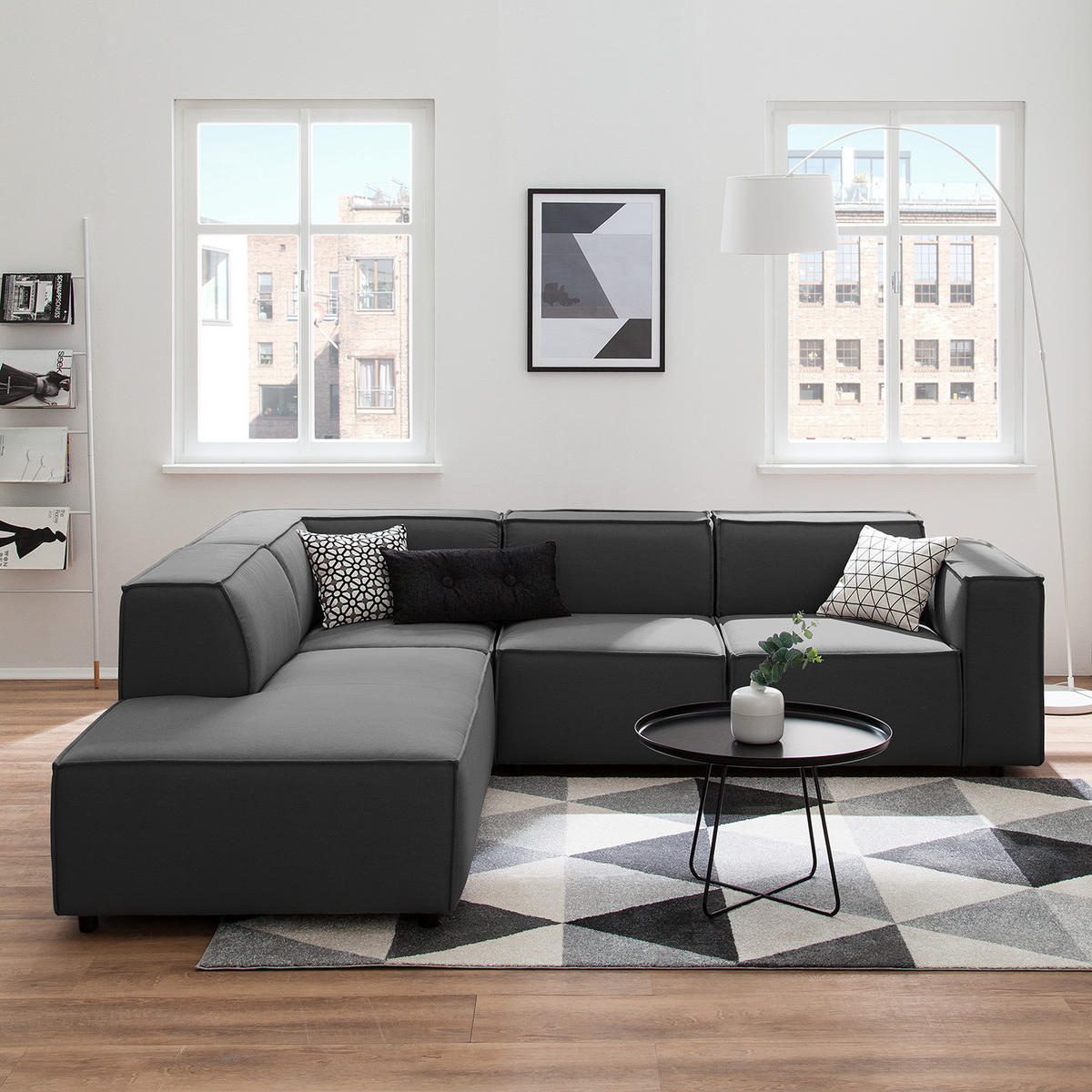 ECKSOFA mit Ottomane - Anthrazit/Schwarz, Kunststoff/Textil (260/234cm) - home24