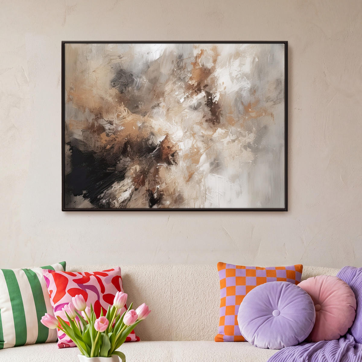 LEINWAND Bilder mit Rahmen - Farbe - Abstrakt - Beige - Kunst - 100x70 - Greige, Textil (100/70cm) - MuchoWow