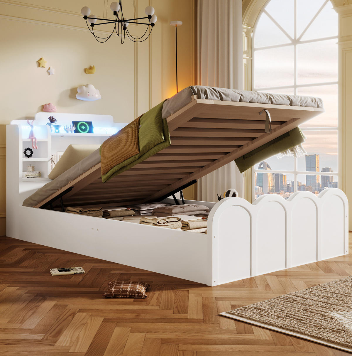 KINDERBETT 90/200 cm in Weiß mit Stauraum, LED und USB-C - Weiß, Holz (90/200cm) - BEAOK