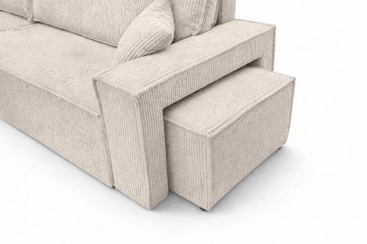 ECKSOFA Mit Schlaffunktion Und Pouf, Cordstoff Poso, Beige, Links, Best L Mit Pouf - Creme, Holz (244/145cm) - Kaiser Möbel