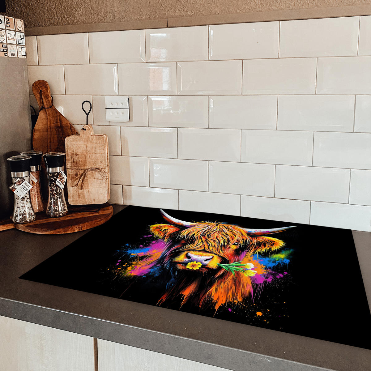 HERDABDECKPLATTE Schottischer Highlander - Graffiti - Bunt - Blume - Tiere Induktionsmatte 77x51 cm - Multicolor, Kunststoff (77/51/0.2cm) - MuchoWow
