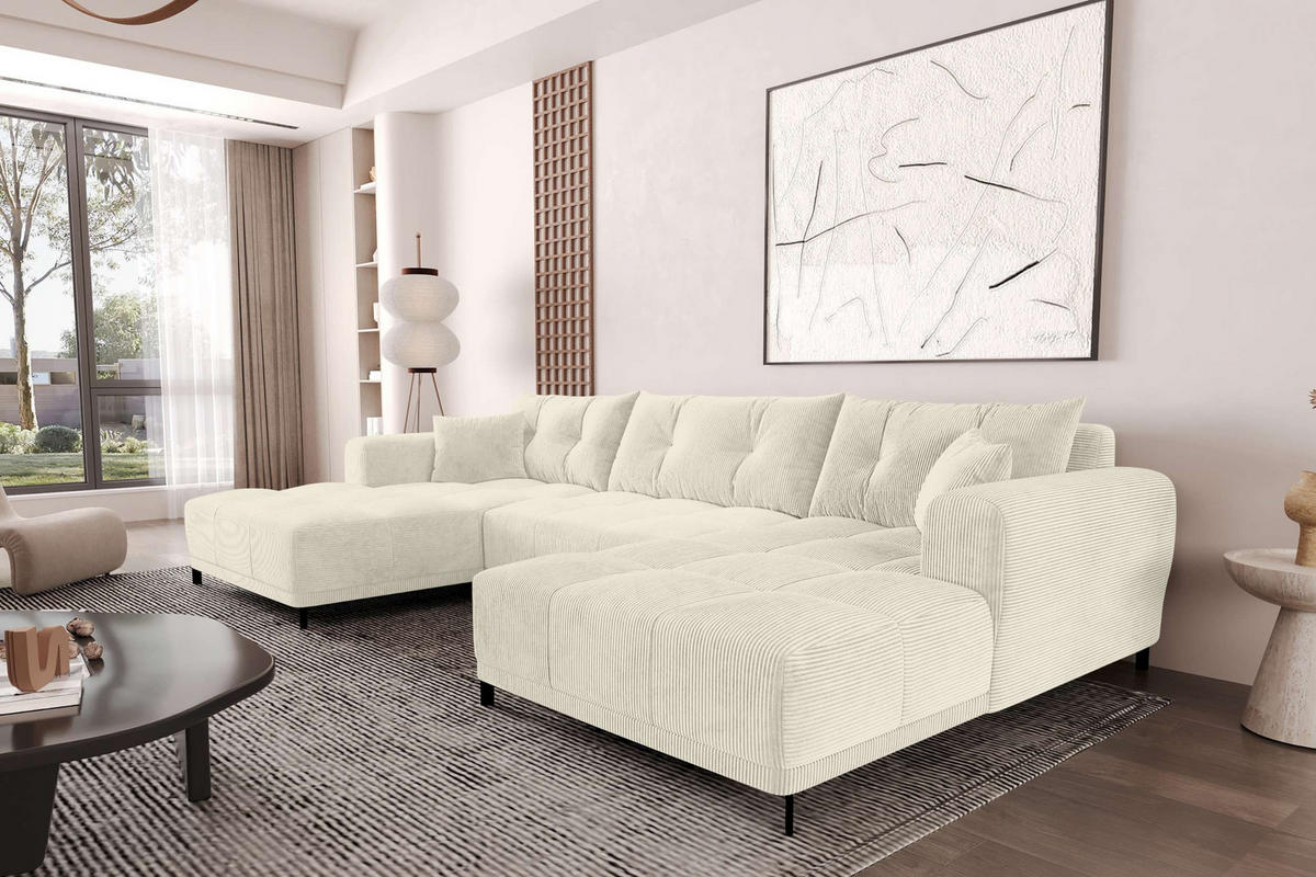 WOHNLANDSCHAFT Massimo Cordstoff Creme inkl. Schlaffunktion - Creme/Schwarz, Textil/Metall (356/94/181cm) - 99rooms