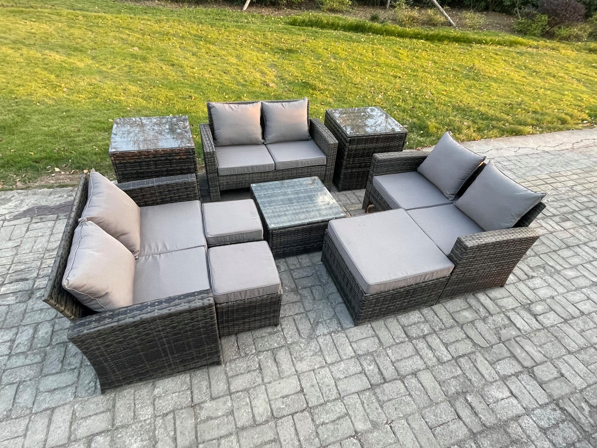 GARTEN-LOUNGE-SET MIT COUCHTISCH DOPPELSITZ-SOFA 3 HOCKER 2 BEISTELLTISCHE Polyrattan Dunkelgrau Gemischt 9-Sitzer - Dunkelgrau, Metall - Fimous