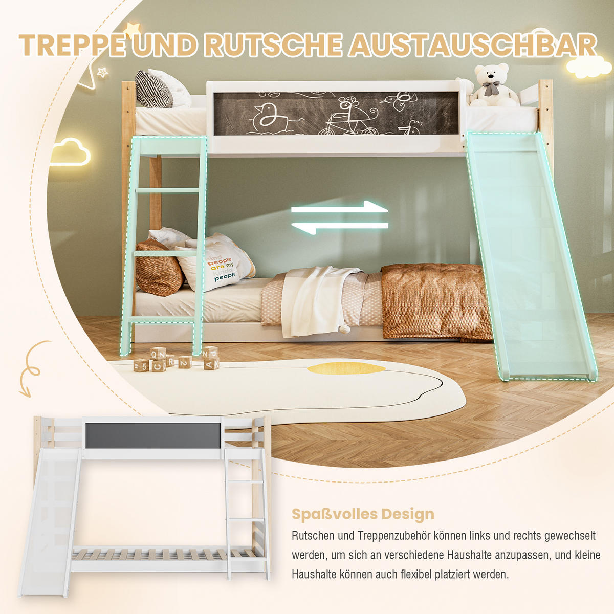 ETAGENBETT 90/200 cm & 90/190 cm in Weiß mit Rutsche, Treppe und Tafel Holz - Weiß, Holz/Holzwerkstoff (90/200cm) - CHICFURN