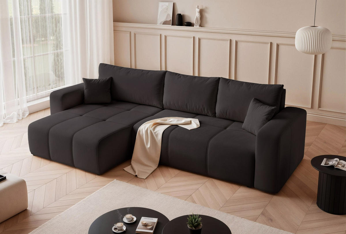 ECKSOFA XL Velours mit Bettkasten und Schlaffunktion - Schwarz, Holzwerkstoff/Textil (278/145cm) - Idohome