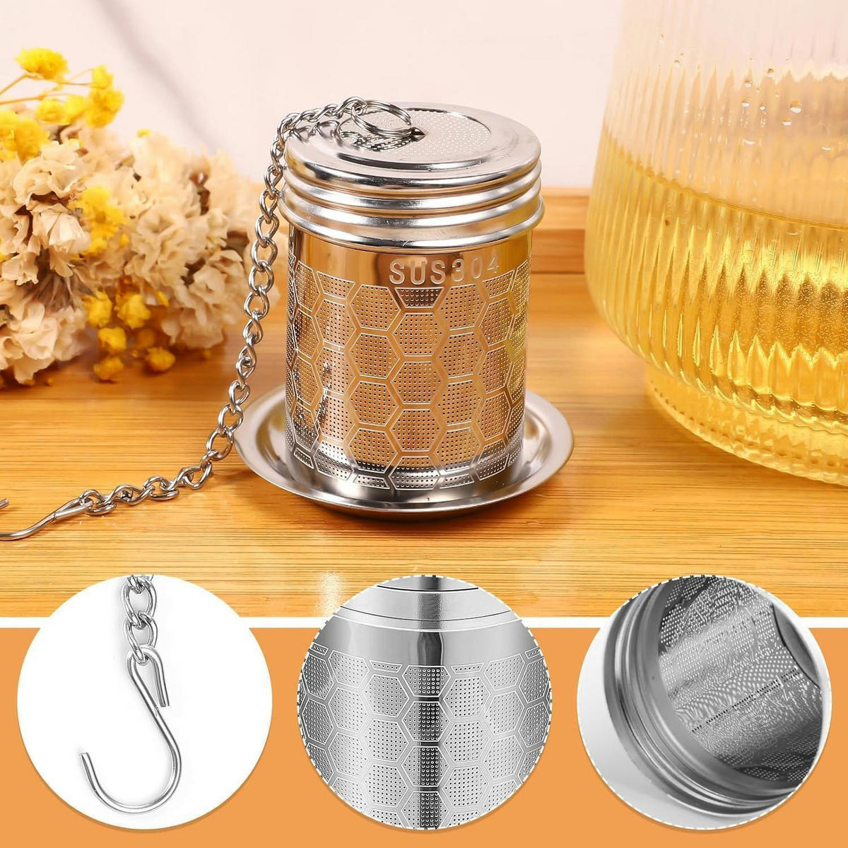 TEESIEB 2-teiliges Set Edelstahl mit Deckel und Abtropfschale - Silberfarben, Metall (7/5.5/8.9cm)
