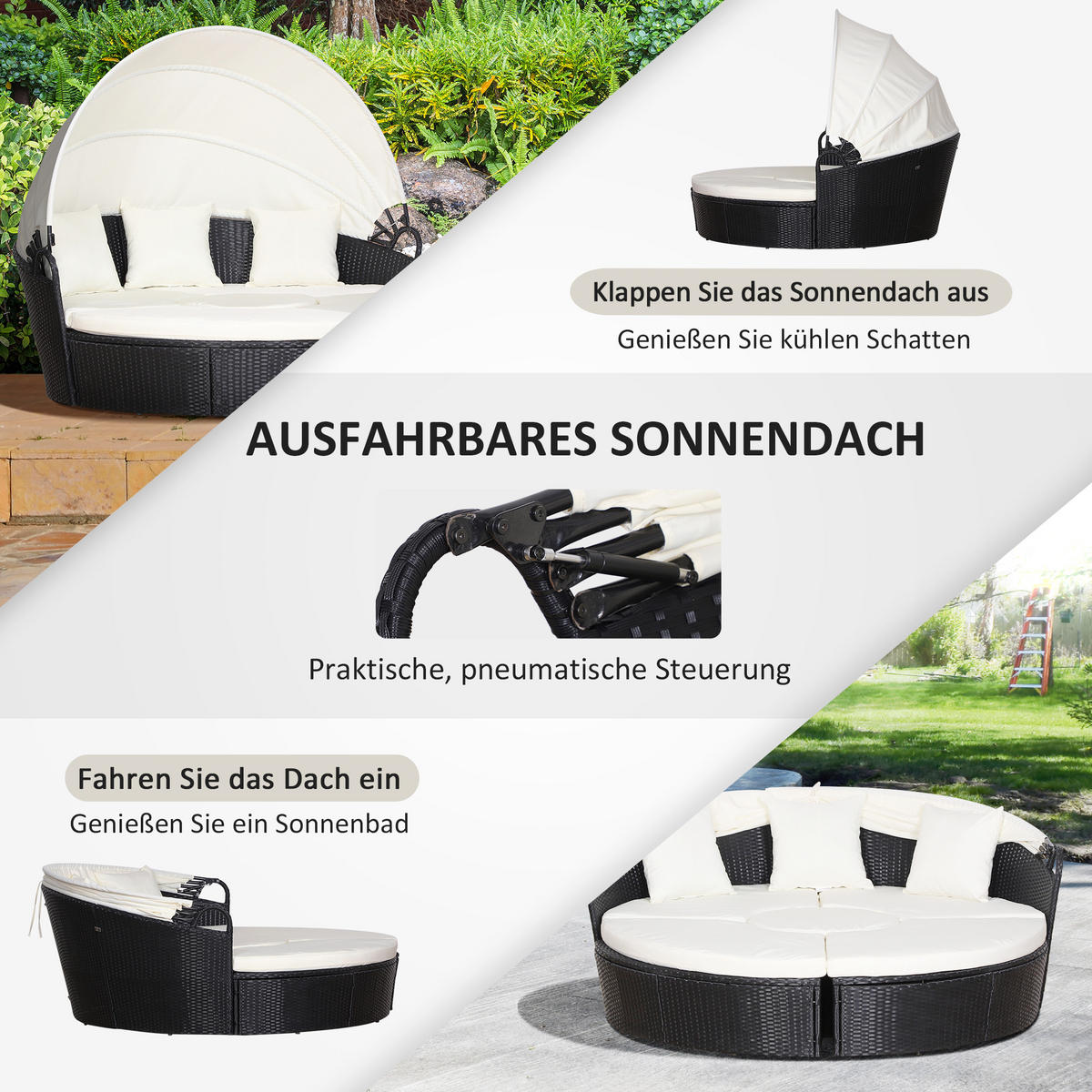SONNENINSEL, Loungegruppe mit Sonnendach, Metall, Creme - Schwarz, Kunststoff - Outsunny