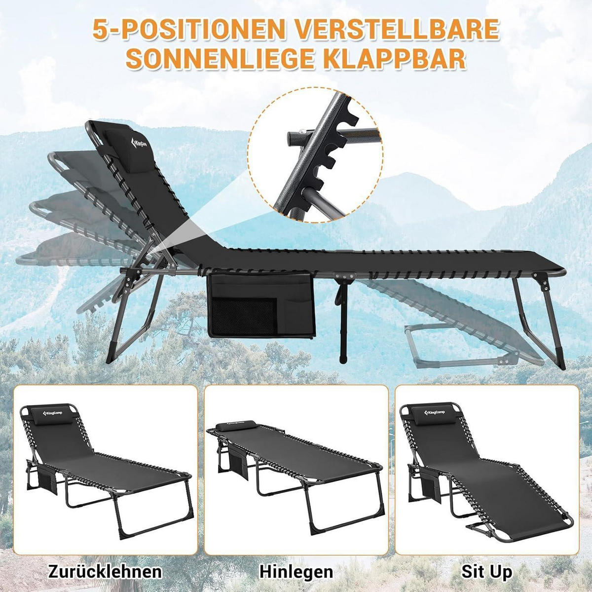 CAMPINGLIEGE mit Auflage verstellbar 5-fach Grau - Grau, Textil (59/37/190cm)