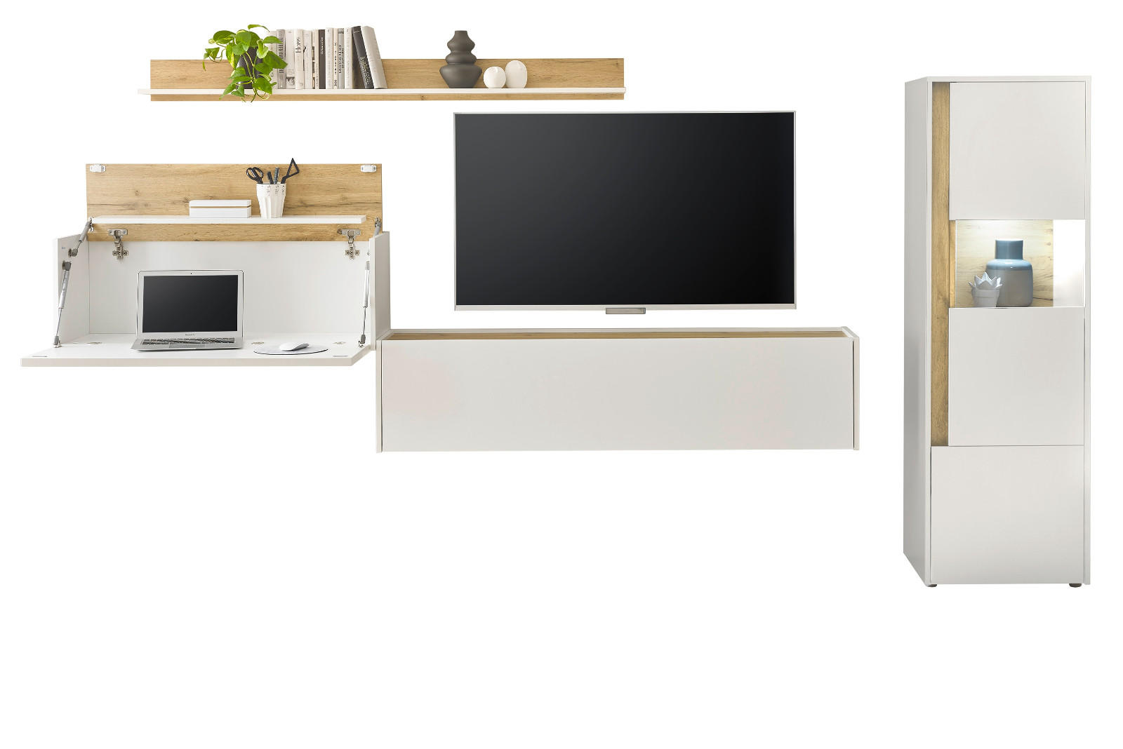 WOHNWAND weiß, Eiche Wotan 4-teilig 320 cm, Schrankwand mit Sekretär - Eiche Wotan/Schwarz, Glas/Holzwerkstoff (320/170/40cm) - Furn.Design