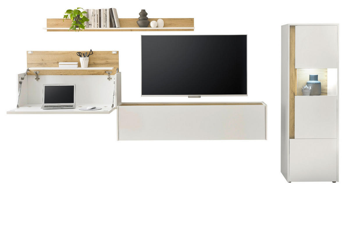 WOHNWAND weiß, Eiche Wotan 4-teilig 320 cm, Schrankwand mit Sekretär - Eiche Wotan/Schwarz, Glas/Holzwerkstoff (320/170/40cm) - Furn.Design