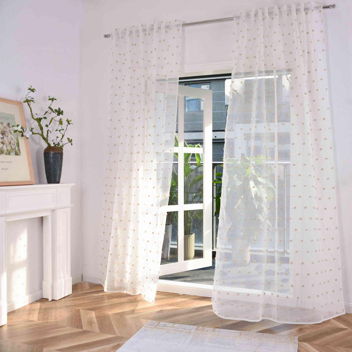 GARDINE VALENCIA HxB 245x145 cm Natur Taupe Pompom - Weiß, Textil (145/245cm)