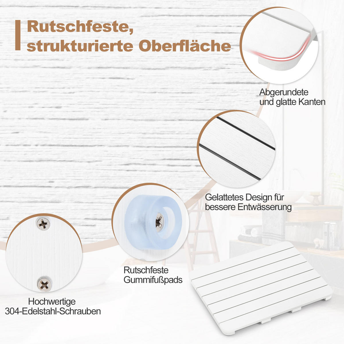 BADEMATTE Weiß - Weiß, Kunststoff (48/60cm) - COSTWAY