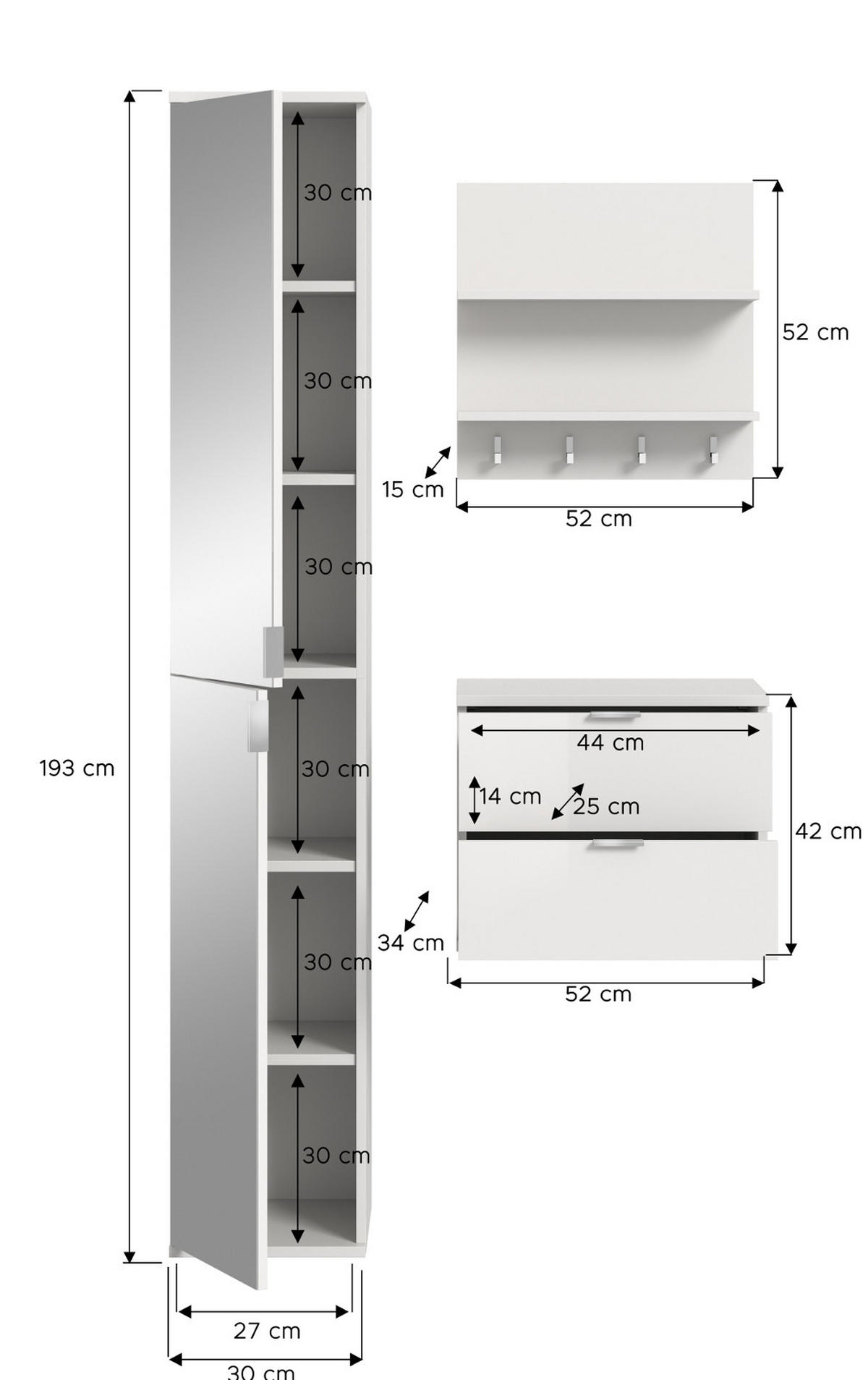 GARDEROBE Set 3-teilig weiß Hochglanz 97 cm, Komplettset mit Spiegel - Chromfarben/Weiß Hochglanz, Glas/Holzwerkstoff (97/193/34cm) - Inn.Furn