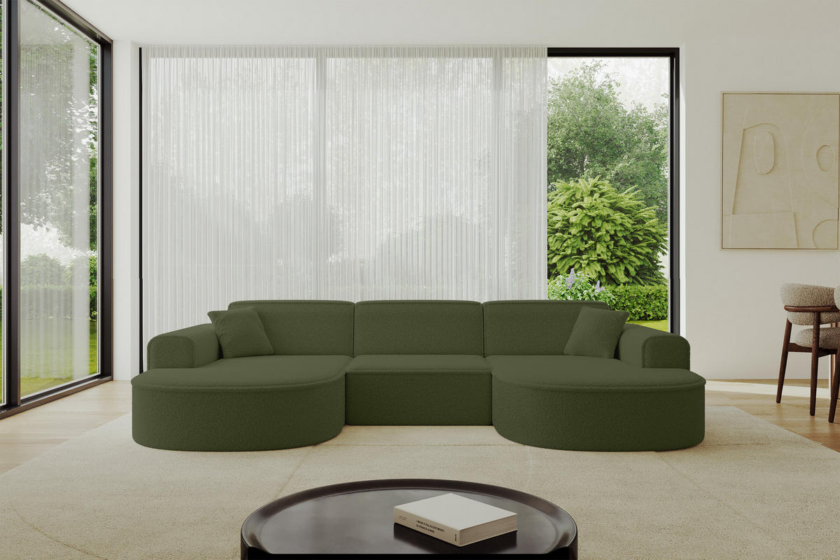WOHNLANDSCHAFT MARI-U1 - 303x171x79 cm Grün Bouclé - Schwarz/Grün, Holzwerkstoff/Kunststoff (303/79/171cm) - ALTDECOR