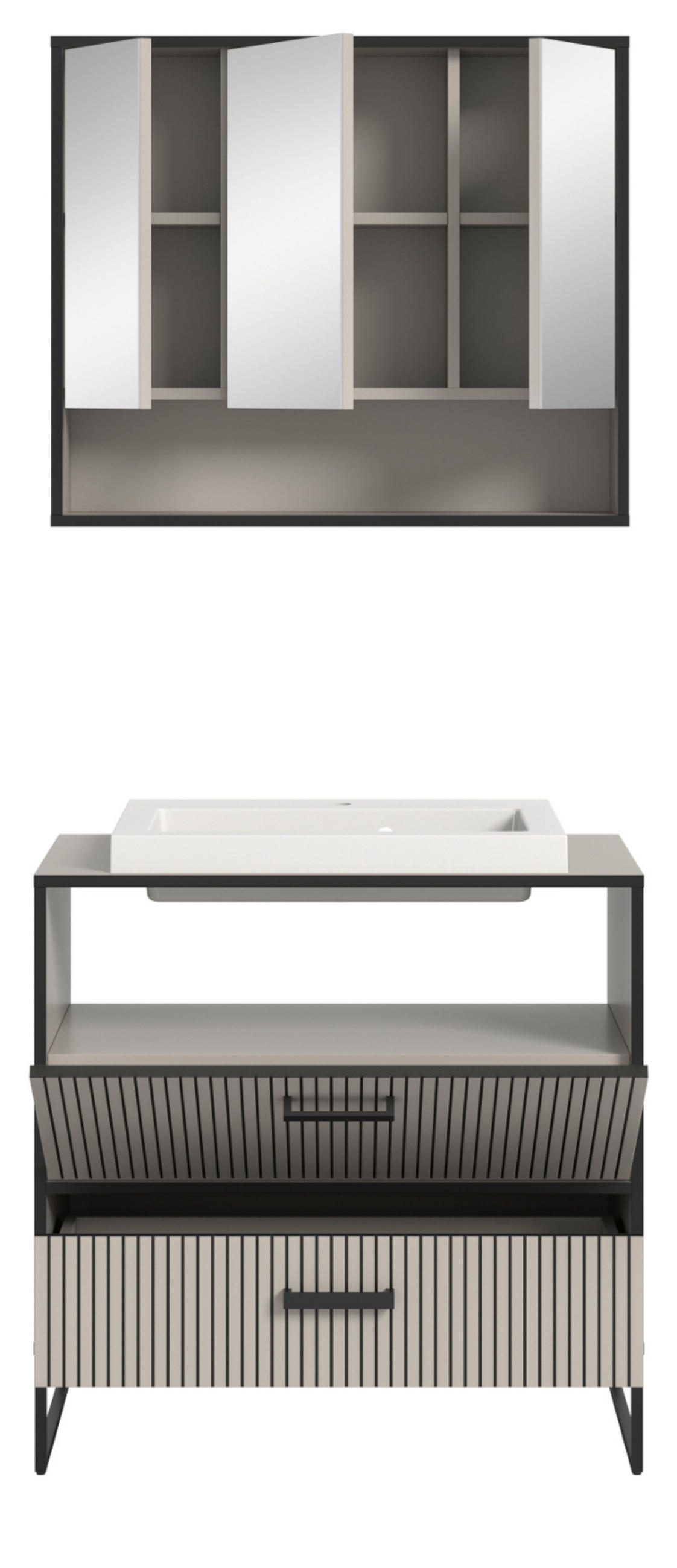 BADMÖBEL-SET schwarz, sand mit Waschbecken 80 cm, Kombination mit Soft-Close - Sandfarben/Schwarz, Glas/Keramik (80/192/48cm) - Inn.Furn